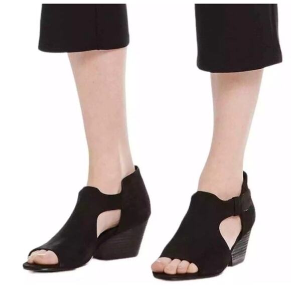 Eileen Fisher Black Iris Nubuck Leather Block Heel Cut-Out Sandal Open Toe Strap - Picture 1 of 10